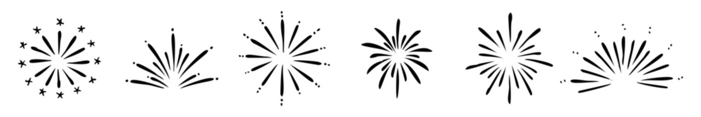 Set of hand drawn fireworks festive doodle collection with sketch sparks starburst and celebration elements vector illustration