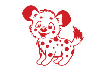 Playful spotted puppy stands cheerfully in red line, cartoon style pet design
