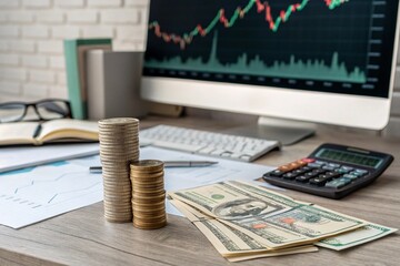 stack of money coin on office desk with trading market