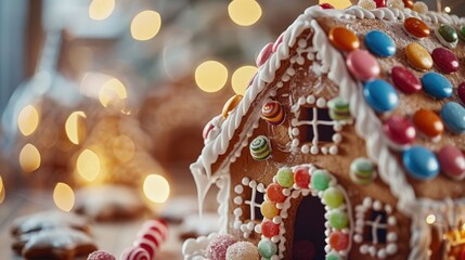 Festive Gingerbread House with Colorful Candy Decorations
