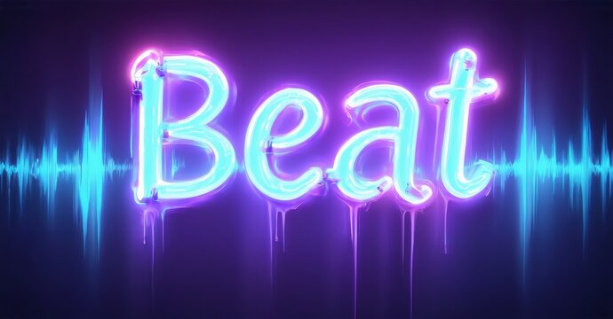Bright neon sign displays Beat. Vibrant purple background features sound wave graphics. Dripping effect adds dynamic visual element.