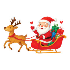 Watercolor Santa Claus Riding Sleigh with Reindeer and Christmas Gift Illustration