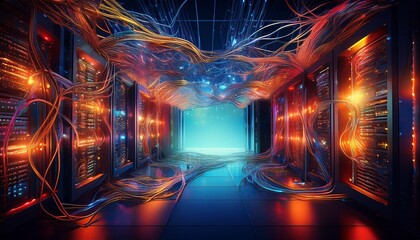 network server with glowing lights and tangled cables conveys the complexity of modern data centers and internet infrastructure