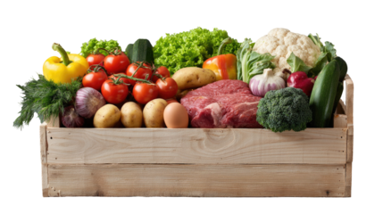 Front view picture of a light clean wooden crate filled on transparent background