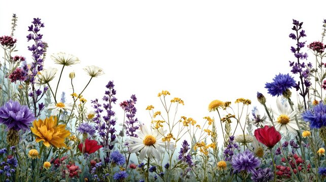 Colorful wildflower border on white