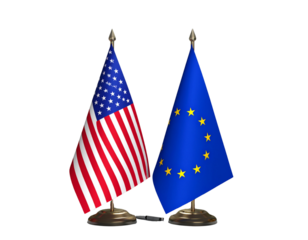 Ultra-detailed PNG of American and EU flags placed on an office desk, decorated with  242243