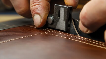 Close-up of skilled hands sewing leather with precision tool in a craftsmanship setting.