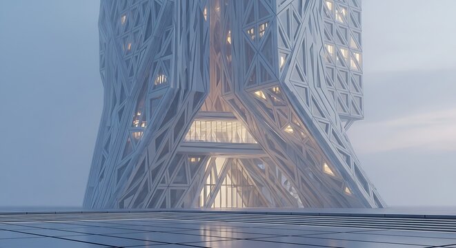 Closeup of a unique, intricately designed futuristic building with glowing windows