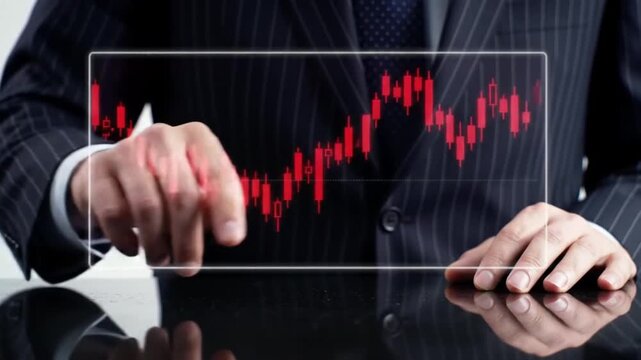 Professional Analyzing Financial Downturn Depicted by Red Chart on Black Surface