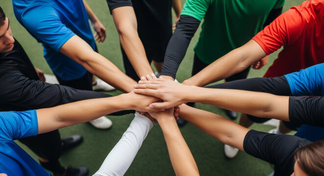 A diverse group of athletes in colorful jerseys forms a huddle, hands clasped together in a circle, signifying unity and team spirit before or after a sporting event.