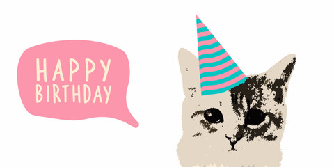 Cute cat wearing a party hat and speech bubble with happy birthday message