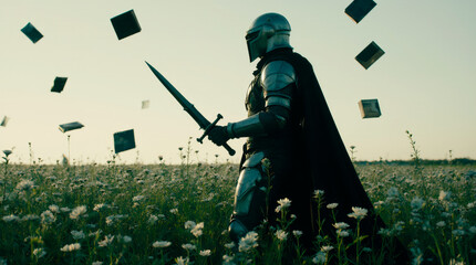 Epic Knight Warrior in Flower Field with Floating Books Fantasy Scene