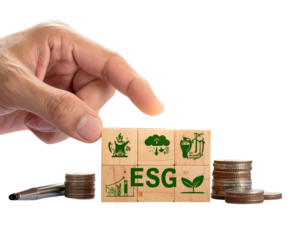 Hyper-realistic 8K PNG of a hand placing an ESG wooden block engraved with environmen 797583