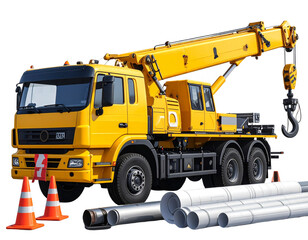 Hyper-realistic 8K PNG of a yellow crane truck with hook in side view, surrounded by  242243