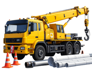 Hyper-realistic 8K PNG of a yellow crane truck with hook in side view, surrounded by  242243