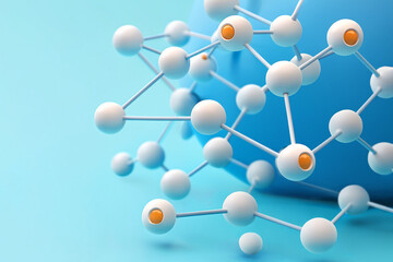 A visually appealing 3D model of interconnected molecules, depicted with white spheres and light gray connecting rods against a light blue backdrop.