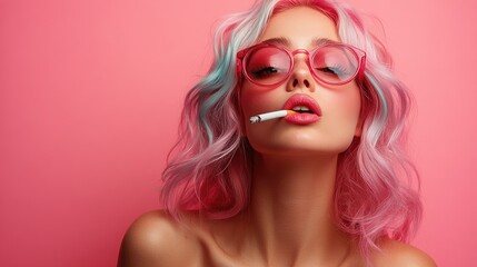 Pink-haired woman smoking cigarette in studio against pink background