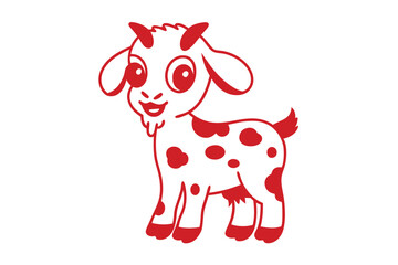 Red cartoon goat with white body and spots is standing still looking happy