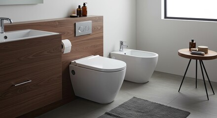 A beautifully designed contemporary bathroom showcasing a sleek white toilet, bidet, and wooden vanity, creating a serene and luxurious interior space.