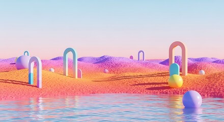 Whimsical pastel landscape with abstract shapes and water