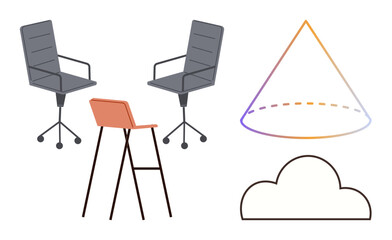 Two adjustable office chairs, one bar stool with sleek design, a gradient cone, and a curved cloud. Ideal for design concepts, creativity, modern aesthetics, education, imagination brainstorming