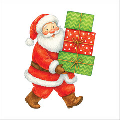 Watercolor Santa Claus Carrying Stack of Christmas Gift Boxes Illustration