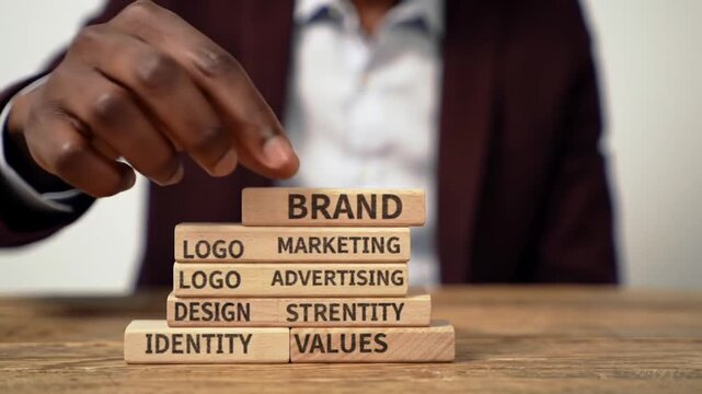 Dark Skinned Man Arranging Wooden Blocks Displaying Business Concepts on Wooden Table
