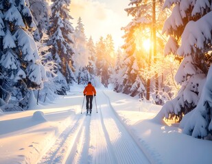 Cross country skiing, Person crosscountry skiing through snowy forest during golden hour, enjoying winter sport and peaceful nature scene.