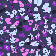 Purple seamless pattern with different abstract flowers and shapes. Vector background, design, print, textile, wrapping paper