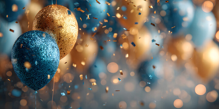 Realistic Festive background with golden and blue baloons falling confetti blury background and a bokeh ights. Generative AI.