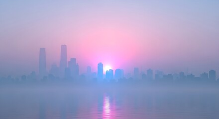 Fototapeta premium Misty sunrise over a city skyline with pink and blue hues
