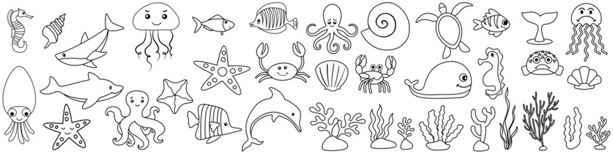 Cute sea animals icon vector set. Sea life illustration sign collection. ocean life symbol. 