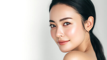 Obraz premium 振り向き微笑みのツヤ肌ポートレート