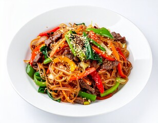 Colorful Noodles: Vibrant plate showcases a diverse medley of noodles, infused with colorful assortment of stir-fried vegetables and tender pieces of meat.