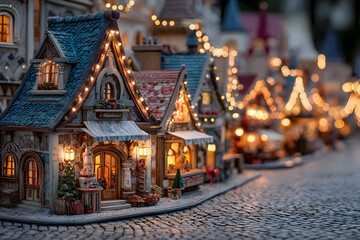 Fototapeta premium A Festive European Christmas Market: Cobblestone Stret, twinkling lights, and harming wooden stalls creae a magical ambiance.