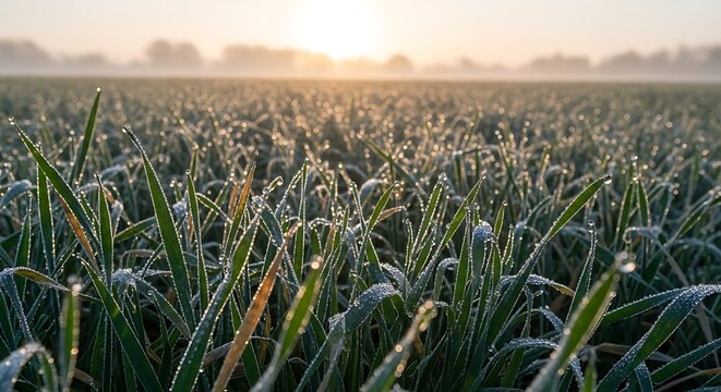 Frosty sunrise field with autumn grass.