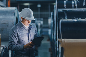 Professional engineer man working in heavy metal industry checking metal sheet roll with attention