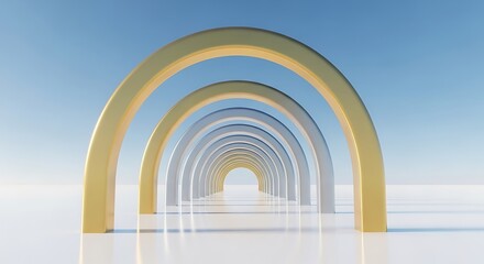 A series of golden and silver arches receding into the distance