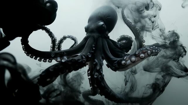 Mystic underwater dance, graceful octopus in ethereal embrace of flowing ink clouds