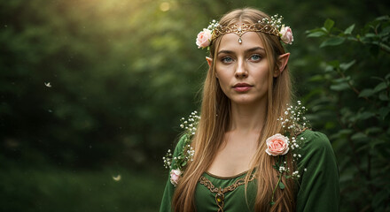 Fantasy elf woman with flower crown and green dress in forest