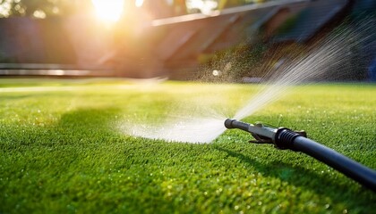 artificial grass cleaner spraying water evenly on sunny day