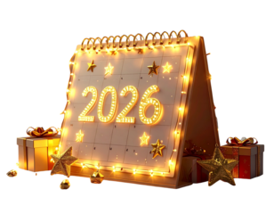 Ultra-detailed PNG of a 2026 desk calendar in angled side view, decorated with glowin 797583