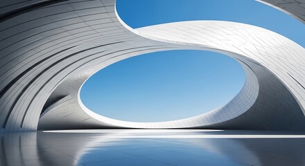 Futuristic architectural design with a large circular opening and reflection