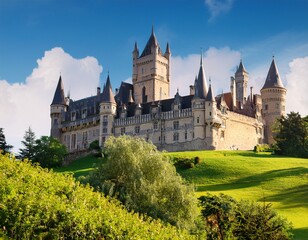 a large castle sits atop a lush green hillside perfect for historical or fantasy scenes