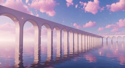 Fantasy aqueduct bridge over calm water with pink clouds