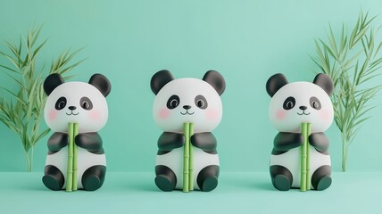 Naklejka premium Kawaii pandas, eating bamboo, 3D illustration