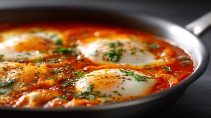 Delicious shakshuka with poached eggs and spices served in a skillet