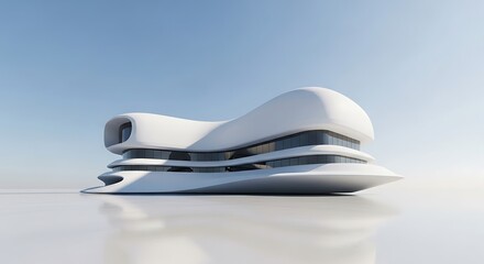 Futuristic white building with curved lines and glass windows