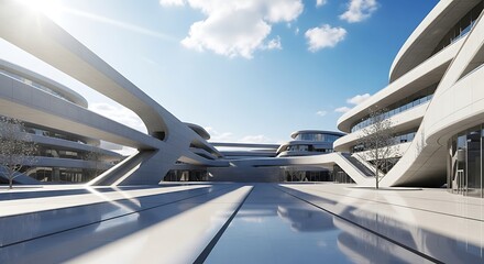 Futuristic architectural design with modern buildings and skywalks