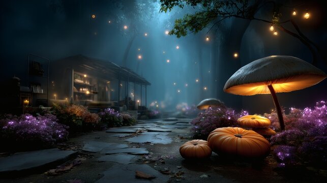 Surreal halloween forest floating pumpkins bioluminescent mushrooms glowing mist fantasy aesthetic magical environment 